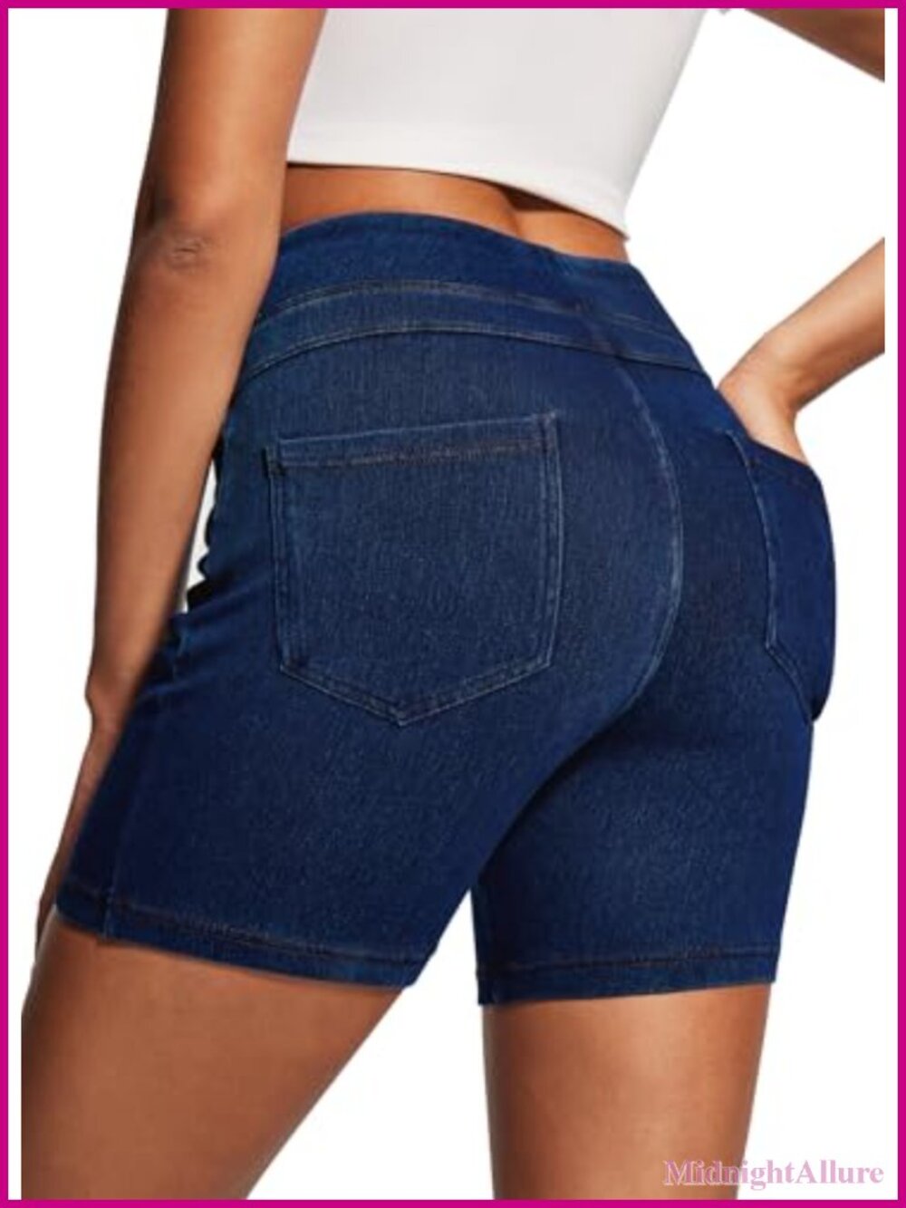 Stretchy Pull On High Waisted Denim Jean Shorts Faux Fly Pockets